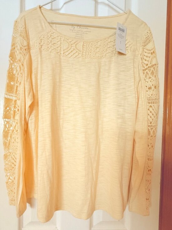 Chico's Tops - Chico's Livvy Crochet Sleeve Long Sleeve Top  - sz M - in Seawhip Yellow - NWT!!